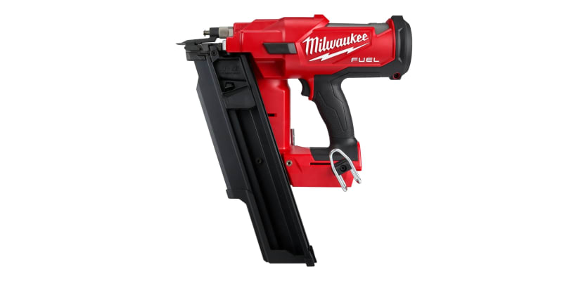 Milwaukee M18 FUEL 21° cordless framing nailer – red battery-powered nail gun angled close-up product view