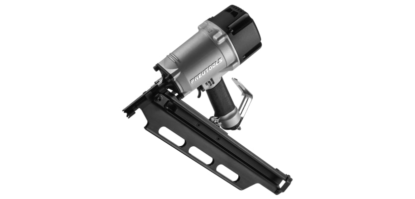 PneuTools 22° pneumatic framing nailer – silver and black construction nail gun with long magazine angled product view