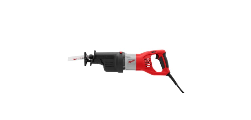 Milwaukee Super Sawzall reciprocating saw – corded red and black demolition saw with long body side profile product view