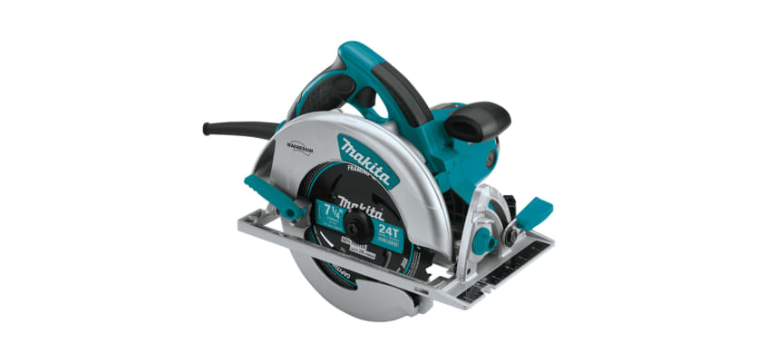 Makita 15 amp 7-1/4 in lightweight magnesium circular saw – corded teal framing saw angled close-up product view