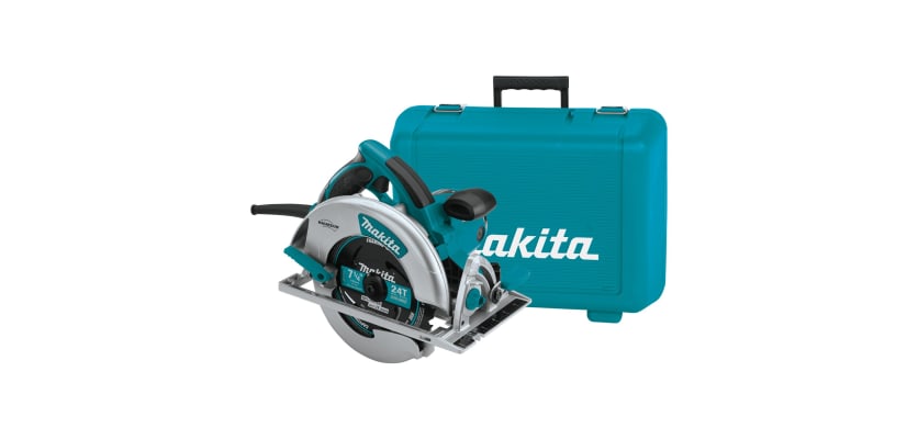 Makita 15 amp 7-1/4 in magnesium circular saw – corded teal construction saw with blade guard and carry case angled product view