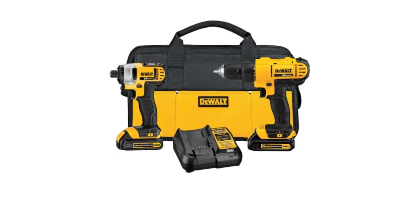 DeWalt 20V MAX cordless drill and impact driver combo kit – yellow and black power tools with batteries, charger, and contractor bag product set