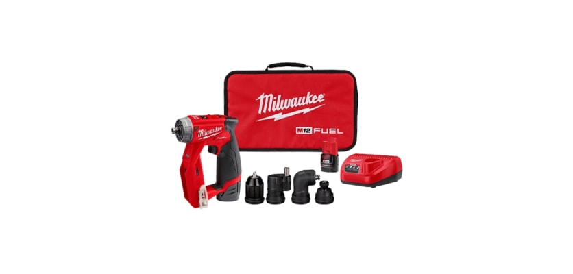 Milwaukee M12 cordless installation combo kit – red modular drill with interchangeable heads, battery, charger, and storage bag product set