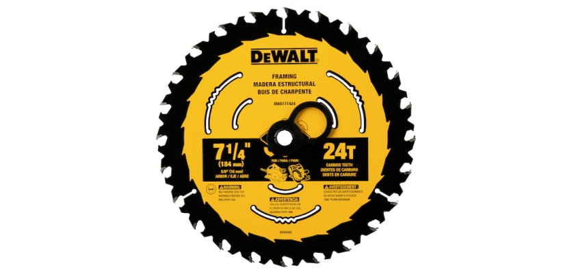DeWalt 7-1/4 in 24-tooth framing circular saw blade yellow and black carbide construction blade front view