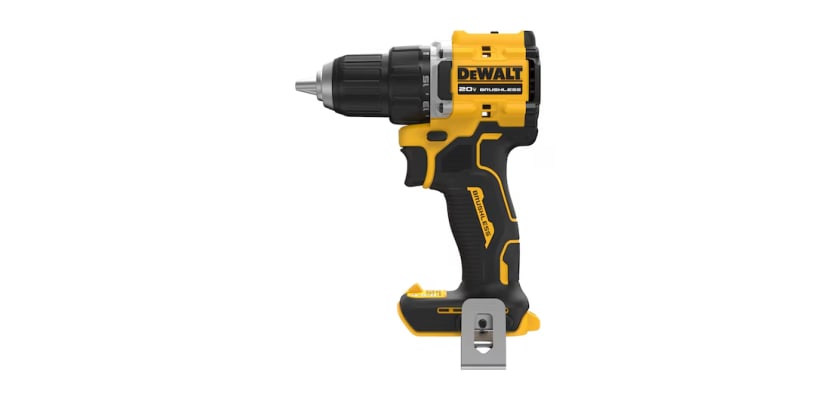 DeWalt 20V MAX brushless cordless drill driver – yellow and black compact power drill side product view