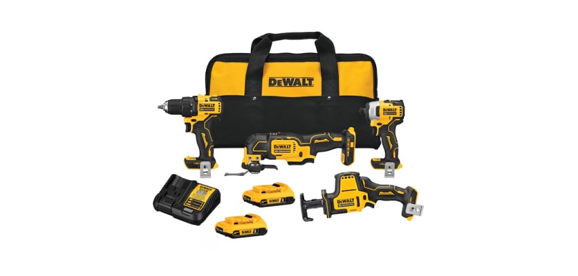 DeWalt 20V MAX brushless 4-tool combo kit – cordless drill, impact driver, reciprocating saw, oscillating tool with batteries, charger, and contractor bag product set