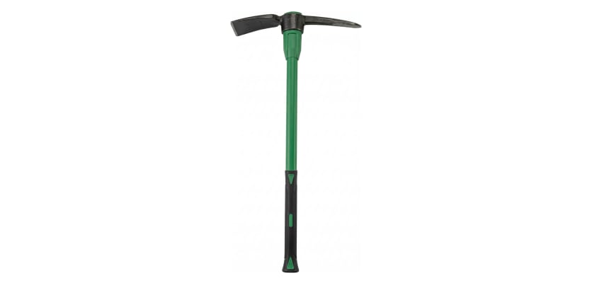 5lb pick mattock with a green and black shock-absorbing fiberglass handle on a white background.