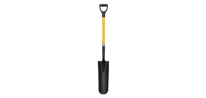 16-inch drain spade with black fiberglass D-handle and yellow shaft.