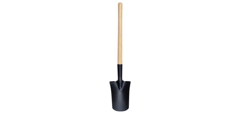 Black 16-inch drain spade with a long, smooth natural wood handle on a white background.