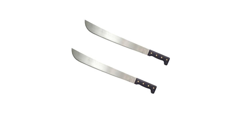 Two 22 inch machetes with stainless steel blades and black textured poly handles.