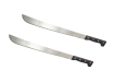 Two 22 inch machetes with stainless steel blades and black textured poly handles.