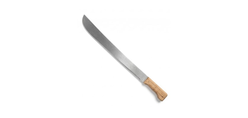 22-inch steel machete with a natural wood handle on a white background.