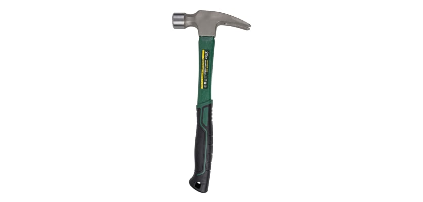24oz magnesium framing hammer with a green fiberglass handle and black rubberized grip.