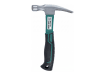 A 16oz framing hammer with a waffle-face head and green fiberglass handle.