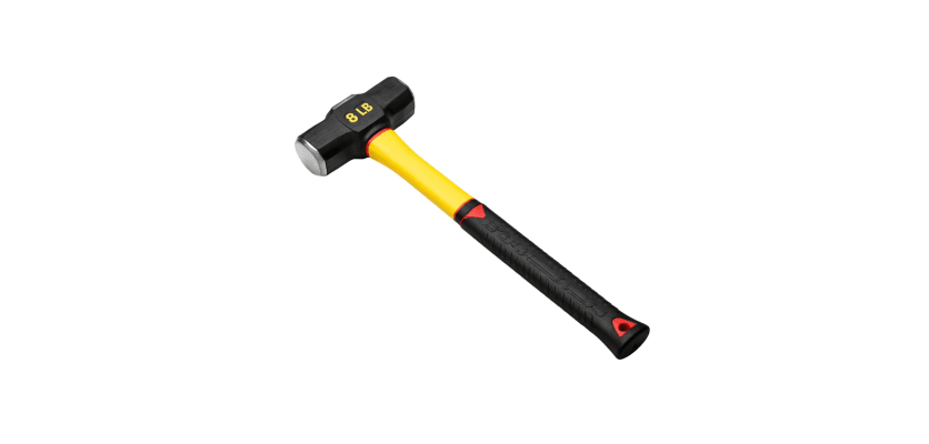 An 8lb sledge hammer with a yellow and black fiberglass handle on a white background.