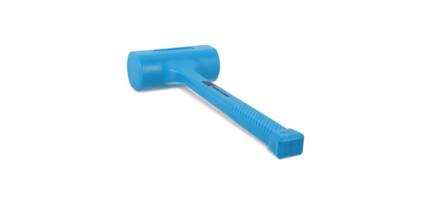 Vibrant blue 5lb dead blow mallet with a textured grip and sturdy rubber head.