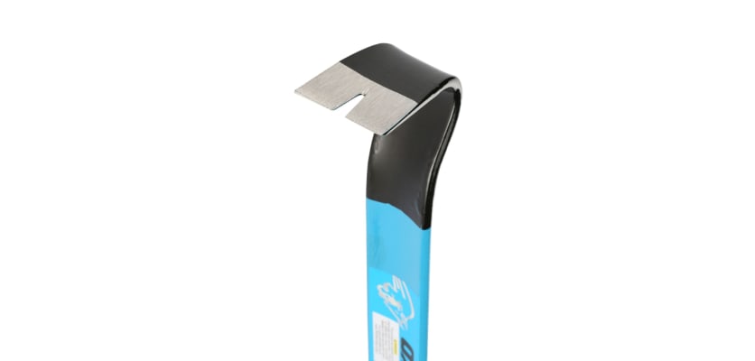 Ox Pro 15" Demolition Handy Bar with a durable steel construction and ergonomic grip - claw end close up.