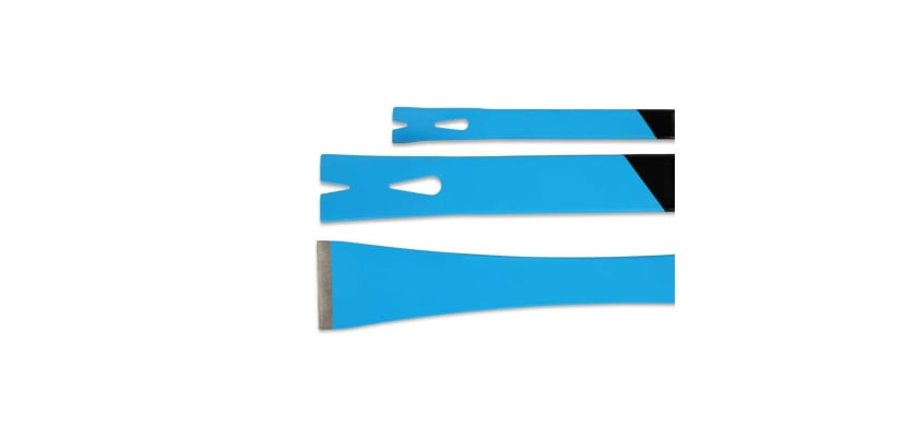 Close-up of three blue Ox Pro handy bars showing nail pullers and wide scraping blades.
