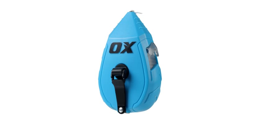 Blue Ox Contractor 100-foot chalk reel with a black rewinding crank and teardrop shape.