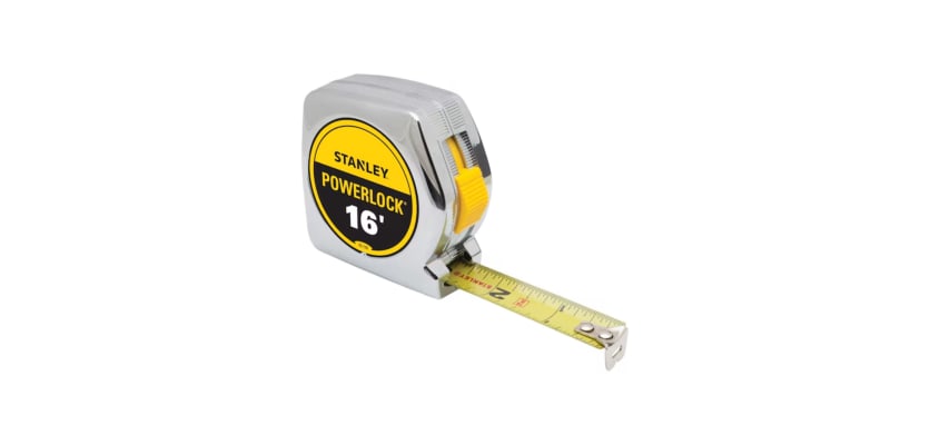 Stanley Powerlock 16-foot tape measure with blade extended, showing imperial measurements and yellow lock button.