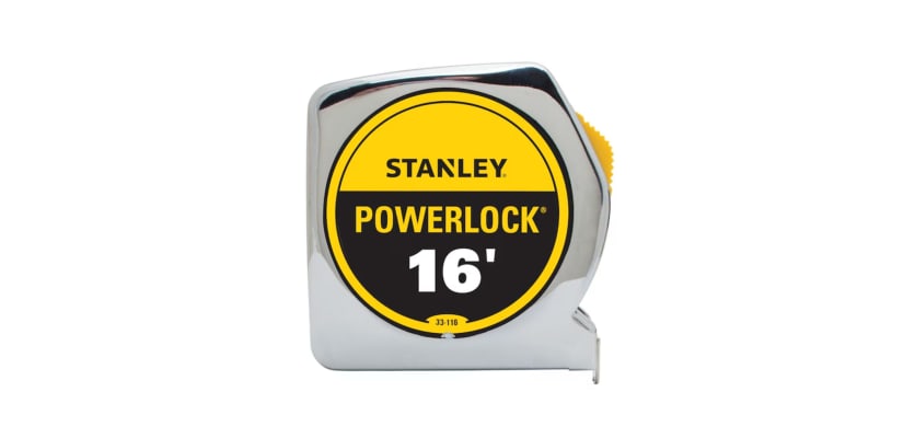 Stanley Powerlock 16-foot tape measure with chrome casing and yellow and black label.
