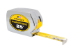 Angled Stanley Powerlock 25-foot tape measure with the yellow blade partially extended.