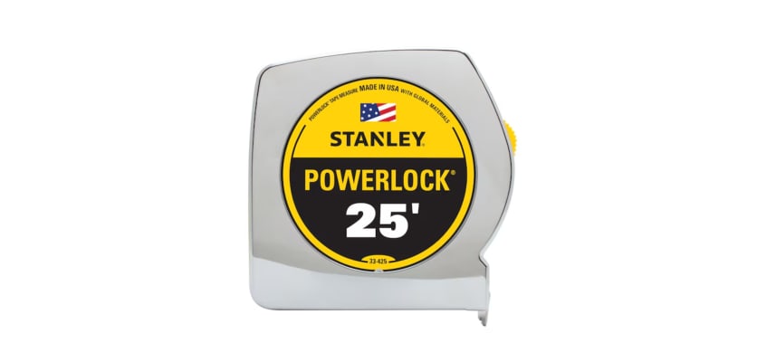 Stanley Powerlock 25-foot chrome tape measure with yellow and black circular label.