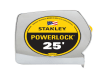 Stanley Powerlock 25-foot chrome tape measure with yellow and black circular label.