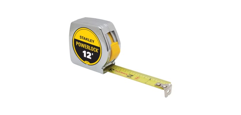 Stanley Powerlock 12-foot chrome tape measure with yellow blade extended.
