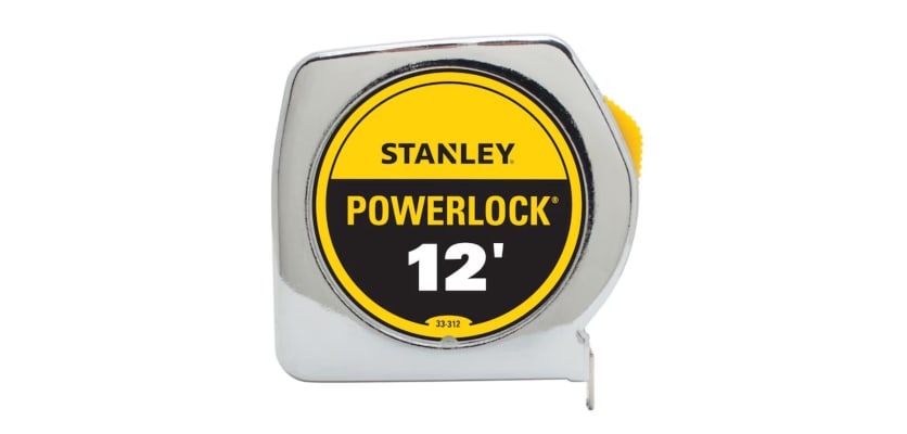 Stanley Powerlock 12-foot tape measure with chrome case and yellow branded label.