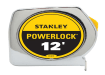 Stanley Powerlock 12-foot tape measure with chrome case and yellow branded label.