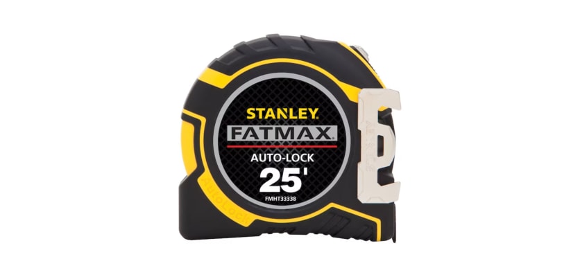 Stanley FatMax 25-foot auto-lock tape measure in black and yellow housing.