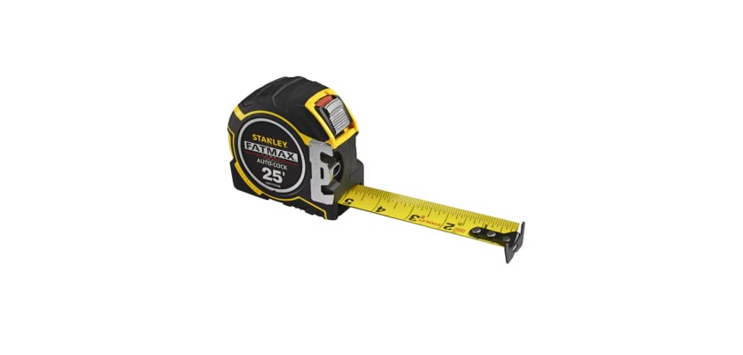 Stanley FatMax 25-foot tape measure with yellow blade extended for measurement.