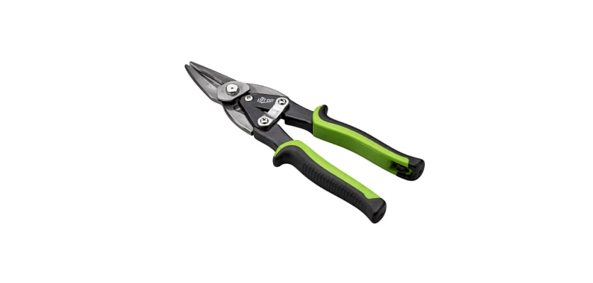Left-cut aviation tin snips with green and black ergonomic handles on a white background.