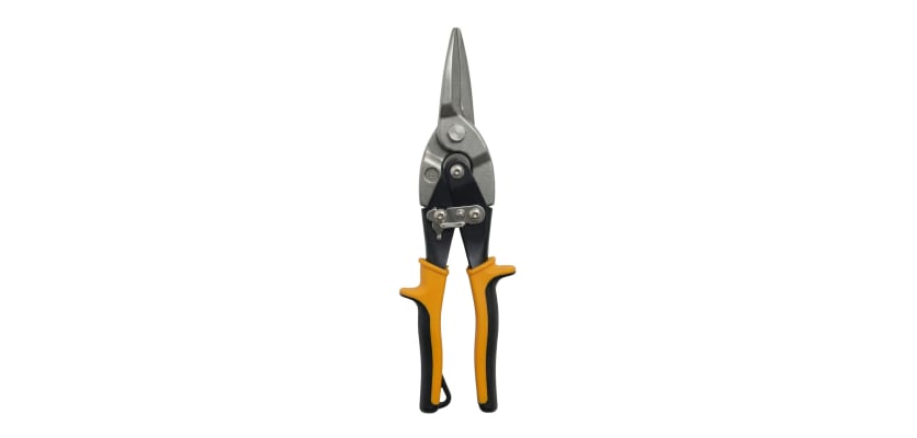 Yellow and black straight-cut aviation tin snips with forged steel blades on a white background.