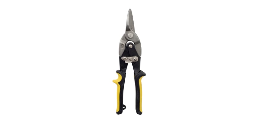 Gemini said 10-inch straight-cut aviation tin snips with yellow and black handles.