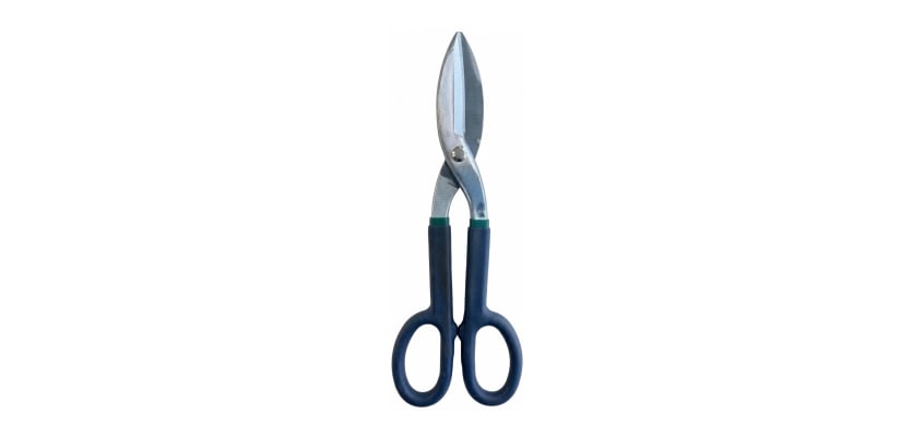 Blue handled 12 inch tin snips with sharp metal blades on a white background.