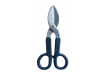Blue handled 12 inch tin snips with sharp metal blades on a white background.