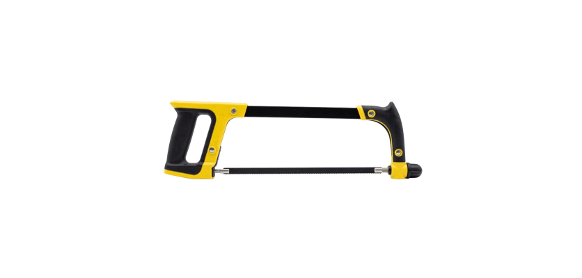 A professional 12-inch multi-angle hacksaw with a yellow and black ergonomic handle on a white background.