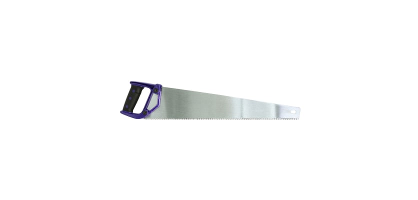 22-inch hand saw featuring a brushed steel blade and an ergonomic purple poly handle.