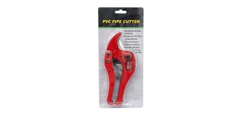 Red ratchet-style PVC pipe cutter with a sharp steel blade on a plain white background.