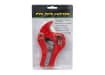 Red ratchet-style PVC pipe cutter with a sharp steel blade on a plain white background.