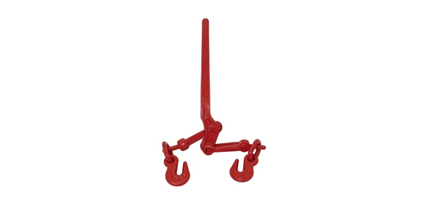 Red 3/8 inch heavy duty lever load binder with twin grab hooks on white background.