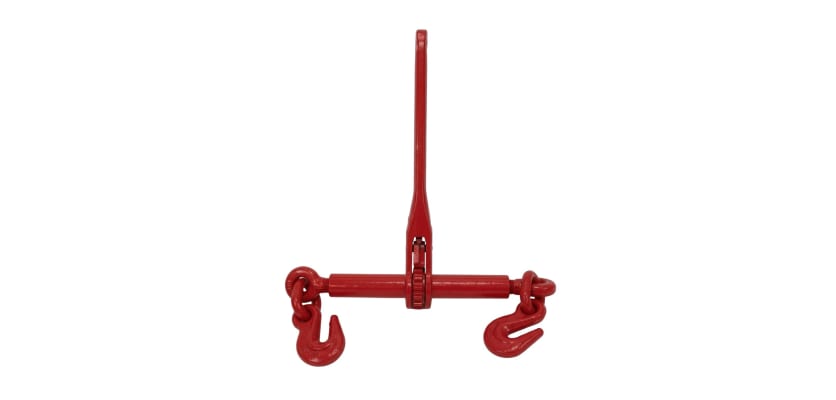 Red 3/8 inch ratchet load binder with heavy duty grab hooks on a white background.