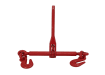Red 3/8 inch ratchet load binder with heavy duty grab hooks on a white background.