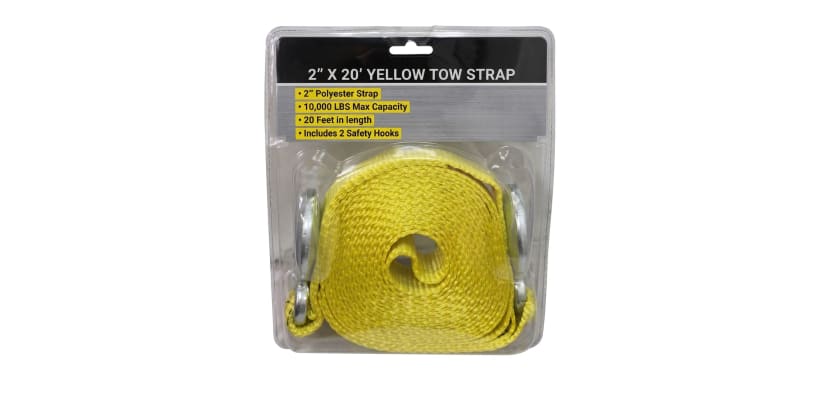 Packaged 2" x 20' yellow tow strap with metal safety hooks