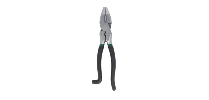 9.5-inch rebar side cutting pliers with black and green cushioned grip handles.