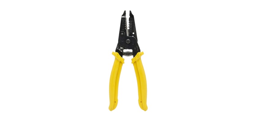 Professional wire stripper and cutter with yellow handles on white background.