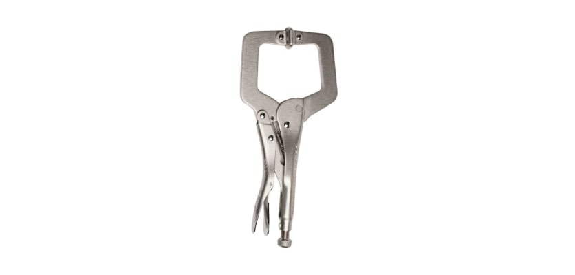 11-inch locking C-clamp pliers with a brushed steel finish on a white background.