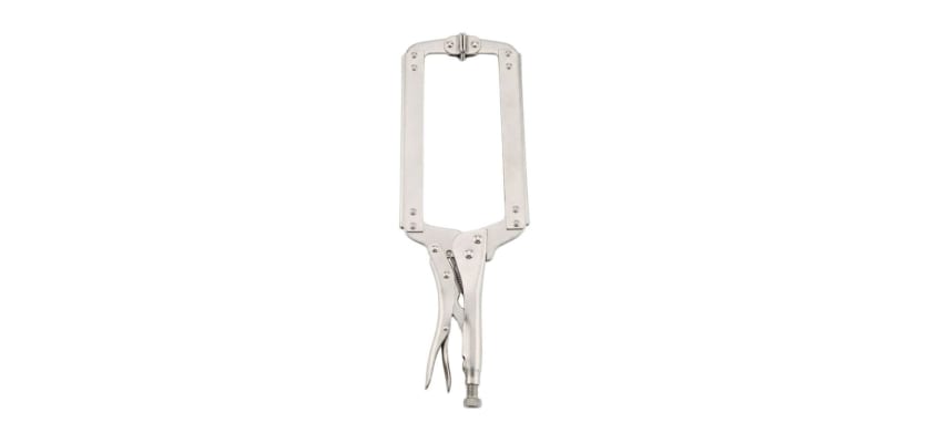18-inch locking C-clamp with wide reach jaws and a chrome-plated steel finish.